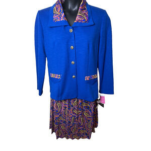 Royal Blue Pleated Skirt Jacket Suit Set 16 Petite Vtg Pablo Collection USA New